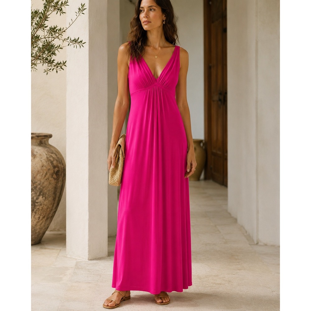 Natori Womens S Hot Pink Maxi Dress Deep V Empire Waist Resort Y2K Stretch